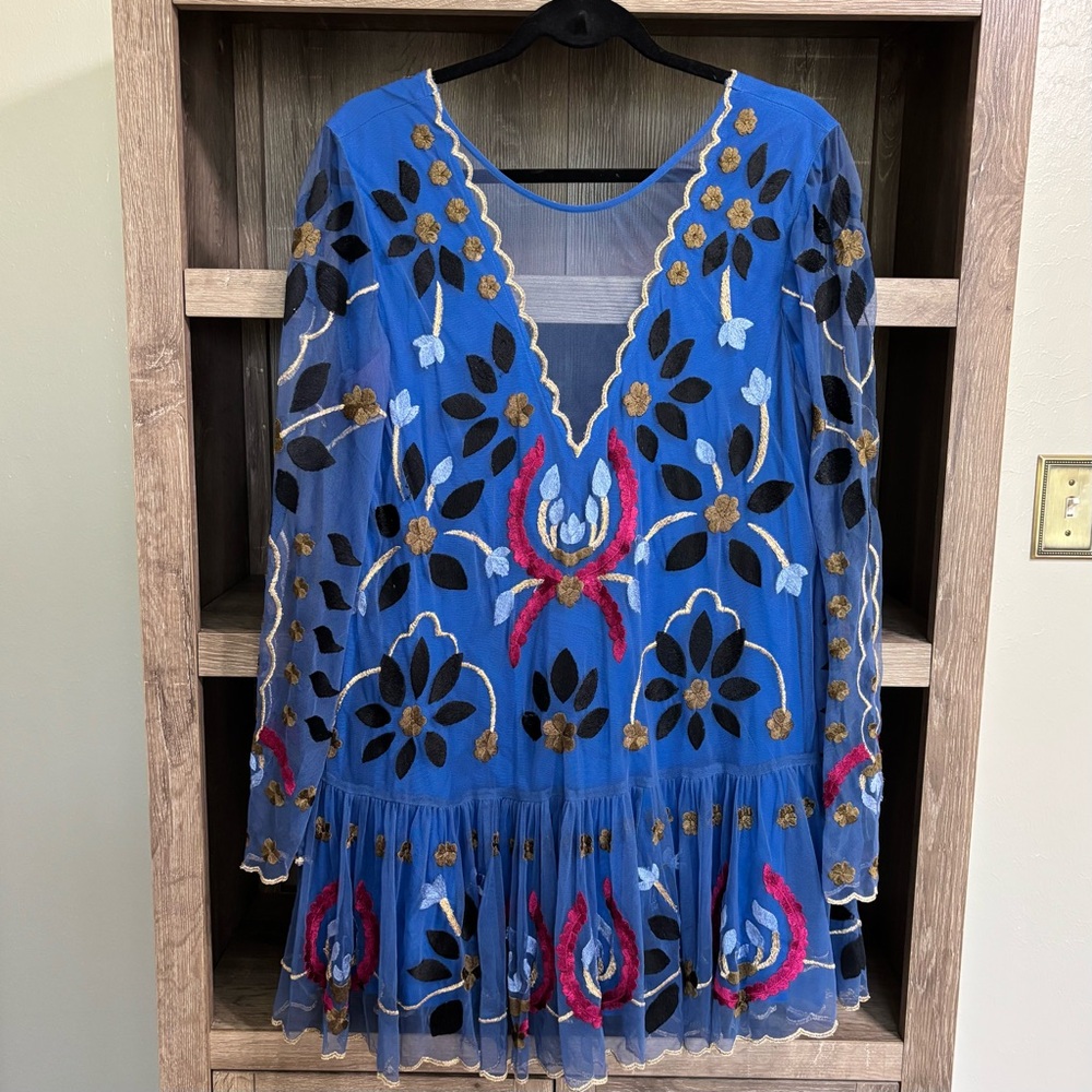 {Free People} Hearts Are Wild Embroidered Long Sleeve Mesh Dress, Size S